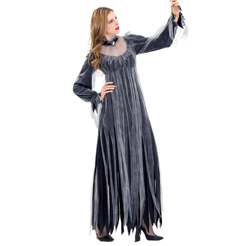 Avejjbaey Frauen Halloween Braut Schwarzes Hexenkleid Cosplay Kostüm Outfit