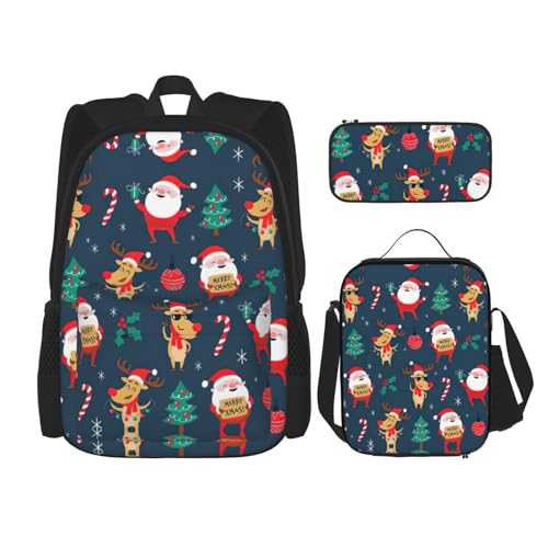 WURTON Rucksack mit Weihnachtsmann-Motiv, Schultasche mit Lunch-Tasche, Federmäppchen, Kombination, Schulranzen-Set