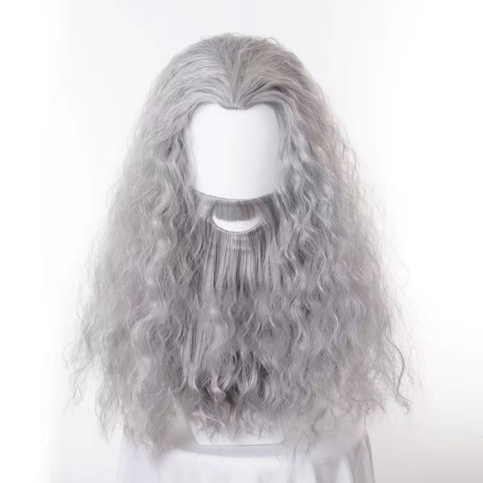 WCCNKK Gandalf Cosplay Perücke + Perückenkappe, Graues Langes Lockiges Haar, Geeignet Für Halloween, Party, Karneval, Halloween-Dekorationszubehör, Anime-Geschenk