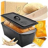 KRUSTENZAUBER Brotbackform mit Deckel [inkl. Gärkorb] - Robuste 28cm Backfrom aus Gusseisen - Ideal als Kastenform, Toastbrot Backform, Brotform, Gusseisen Topf Brot backen Zubehör