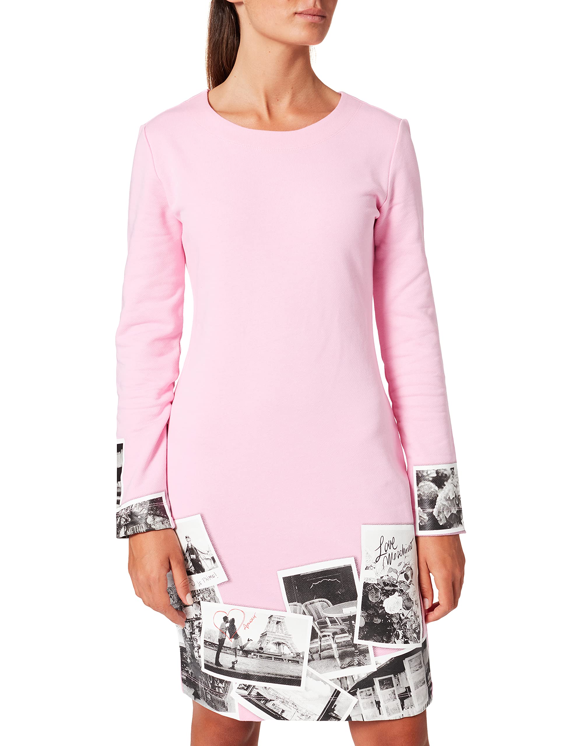 Love Moschino Damen Fitted Long Sleeves Custom Print with Romantic Black and White Photos Casual Dress, Pink, 42