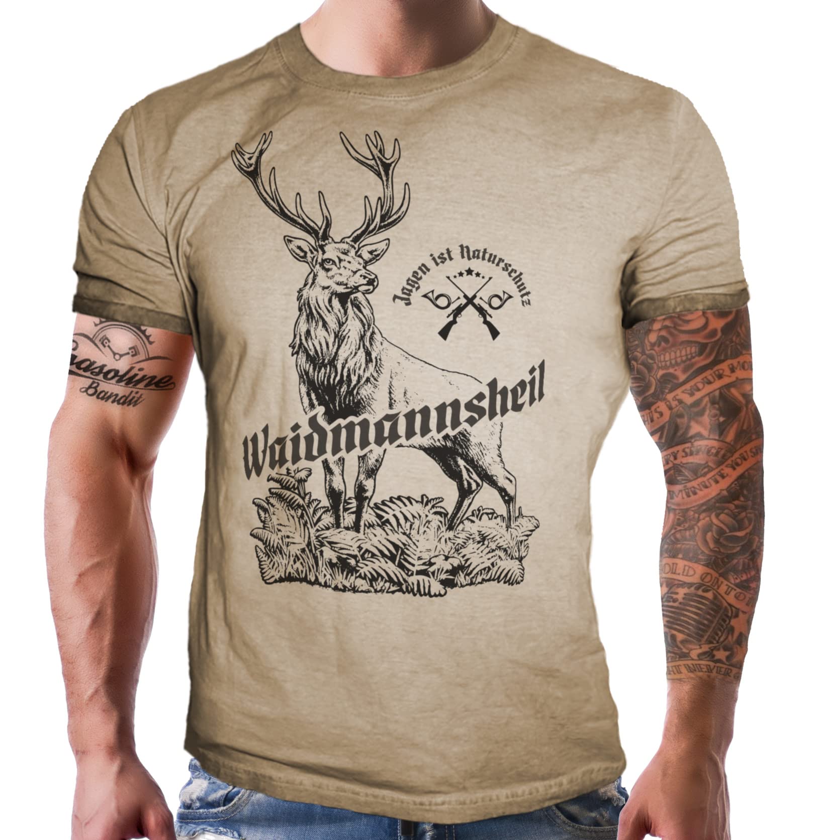 Herren T-Shirt für Jäger: Waidmannsheil - Jagen ist Naturschutz - Used Look Sand 100% Reine Baumwolle