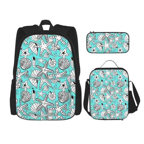 WURTON Schöner Rucksack mit Seestern-Druck, 3-in-1-Büchertaschen-Set, Lunchbox, Federmäppchen, Reise-Laptop-Tagesrucksäcke