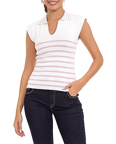 Cipo & Baxx Damen Strick Shirt Polokragen Streifen Ärmellos T-Shirt Tops WT353 Weiß XL