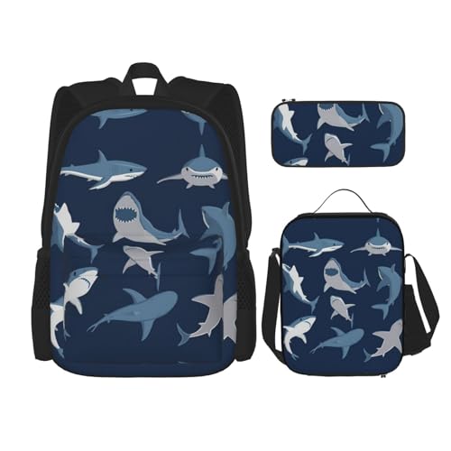 WURTON Schulrucksack-Set mit blauem Cartoon-Hai-Aufdruck, 3-in-1, Büchertasche, Set mit Lunchbox, Federmäppchen, Reise, Laptop, Tagesrucksack