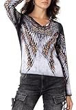 Cipo & Baxx Damen Langarmshirt Longsleeve V-Ausschnitt Alloverprint mit Strassteine Sweatshirt Pullover WL353 Anthracite S