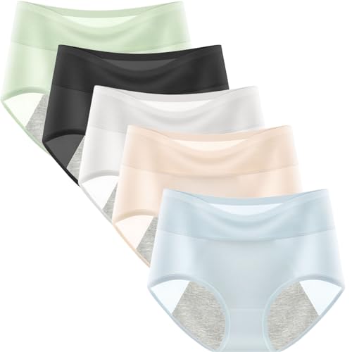 5pcs MenstruationsunterwäSche, Sommer Eisseide PeriodenunterschwäSche MäDchen, Atmungsaktives Mesh Inkontinenzhose, Die Mitte Femtis Perioden UnterwäSche