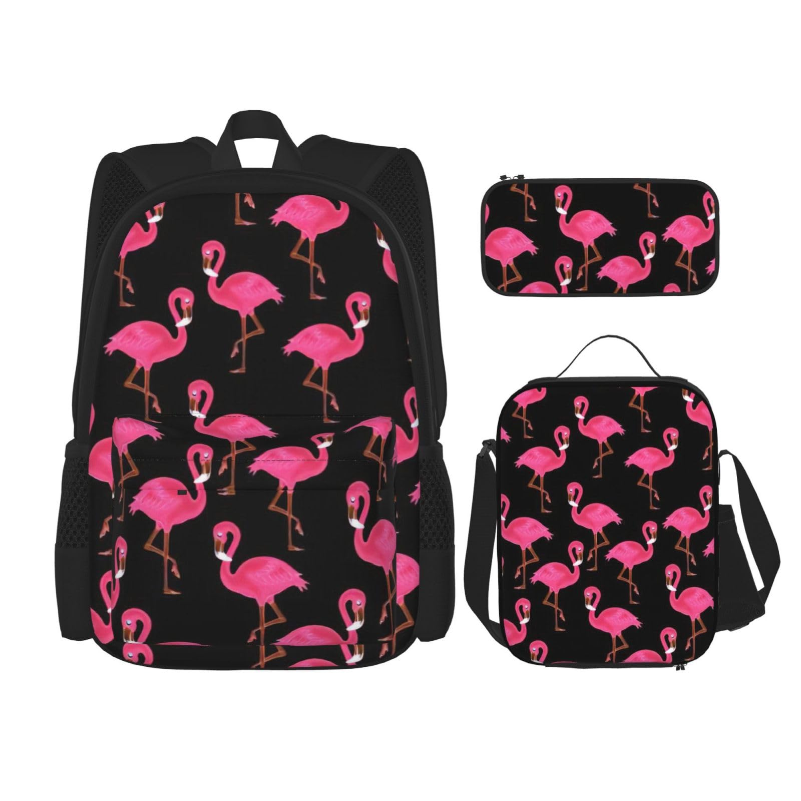 WURTON Hübsches rosa Flamingo-Druck, verstellbare Schultergurte, Rucksack-Set, Lunch-Tasche, Federmäppchen, Kombinationstaschen-Set