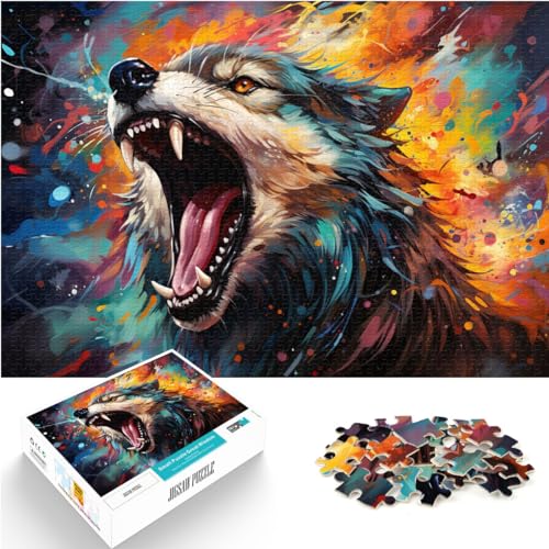 Spielzeug-Puzzle, farbenfroher Psychedelischer Wolf, 1000 Teile, Holzpuzzle, Lernspielzeug mit vollständig ineinander greifenden und zufällig geformten Teilen (50 x 75 cm)