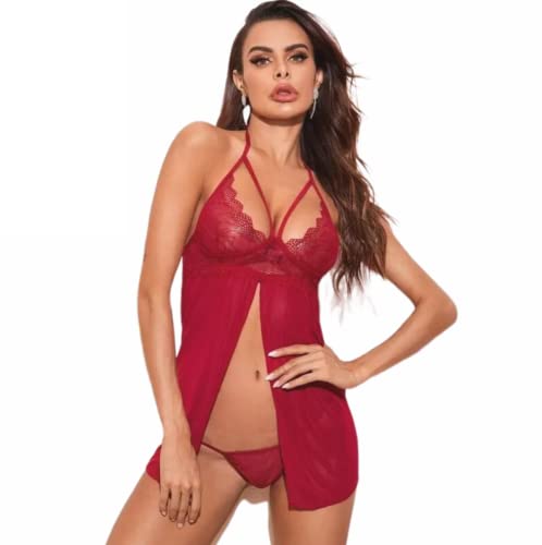 Erotische Dessous Für Damen Lace Thin Sexy Pyjamas Cotton Pad Dreiteiliges Sling Nachthemd Red S