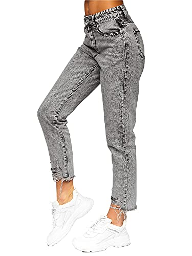 BOLF Damen Jeanshose Jeans Used Look Jeanspants Destroyed Denim Style Regular Fit Narrow Leg Freizeit Casual Style Y984 Grau XL [F6F]