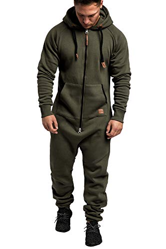 Amaci&Sons Herren Overall Jumpsuit Jogging Onesie Trainingsanzug 3007 Khaki/Schwarz XXL