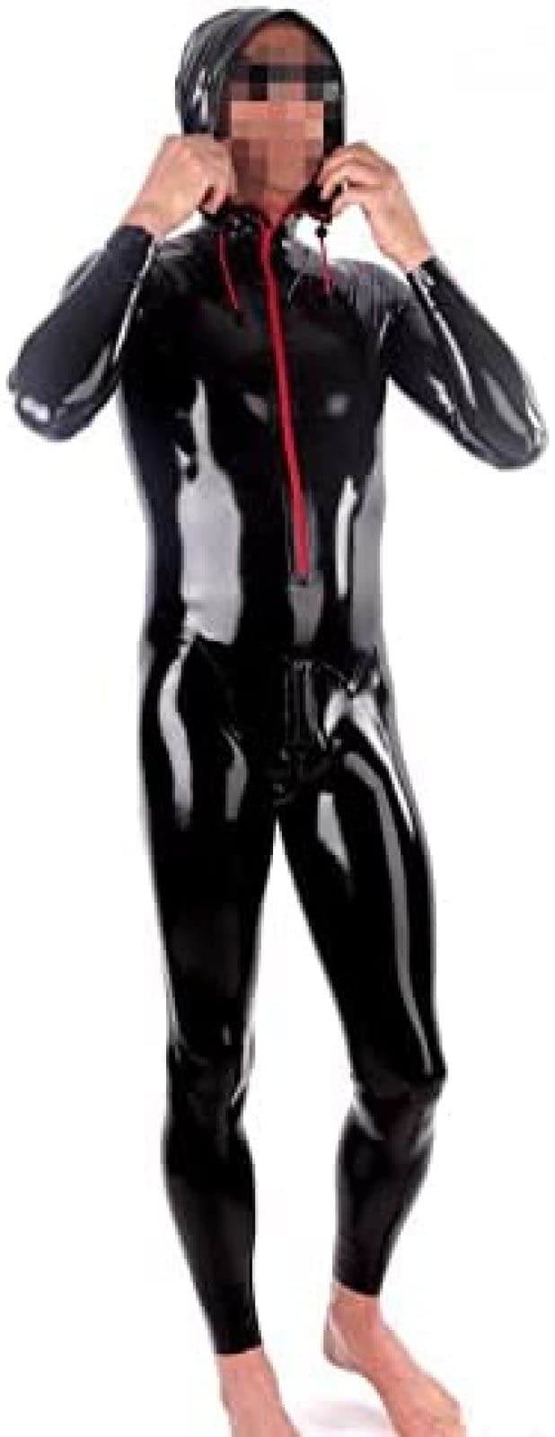 Herren Latex Catsuit Latexbody Mit Hut, Frontreißverschluss Und Schritt, Schwarz,Klar,3XL