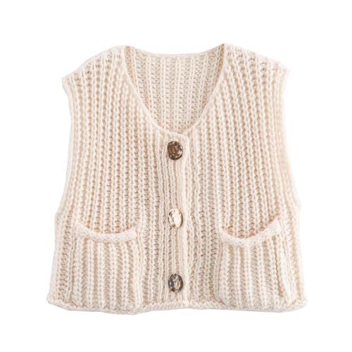 Sweater Vests Women 2024, Women's Button Front V Neck Sleeveless Crochet Solid Checkered Knit Sweater Vest with Pockets (White,Small)