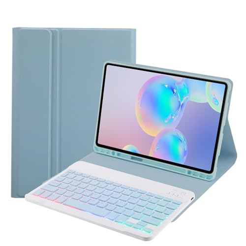 SUEEWE Tastatur Hülle für Samsung Galaxy Tab S9 FE / S9 (SM-X710/X716B/X718U/X510/X516B) 2023, TPU Rückseite Hülle mit 3 Bereich 7 Farbe Beleuchtete Abnehmbarer QWERTZ Tastatur, Blau