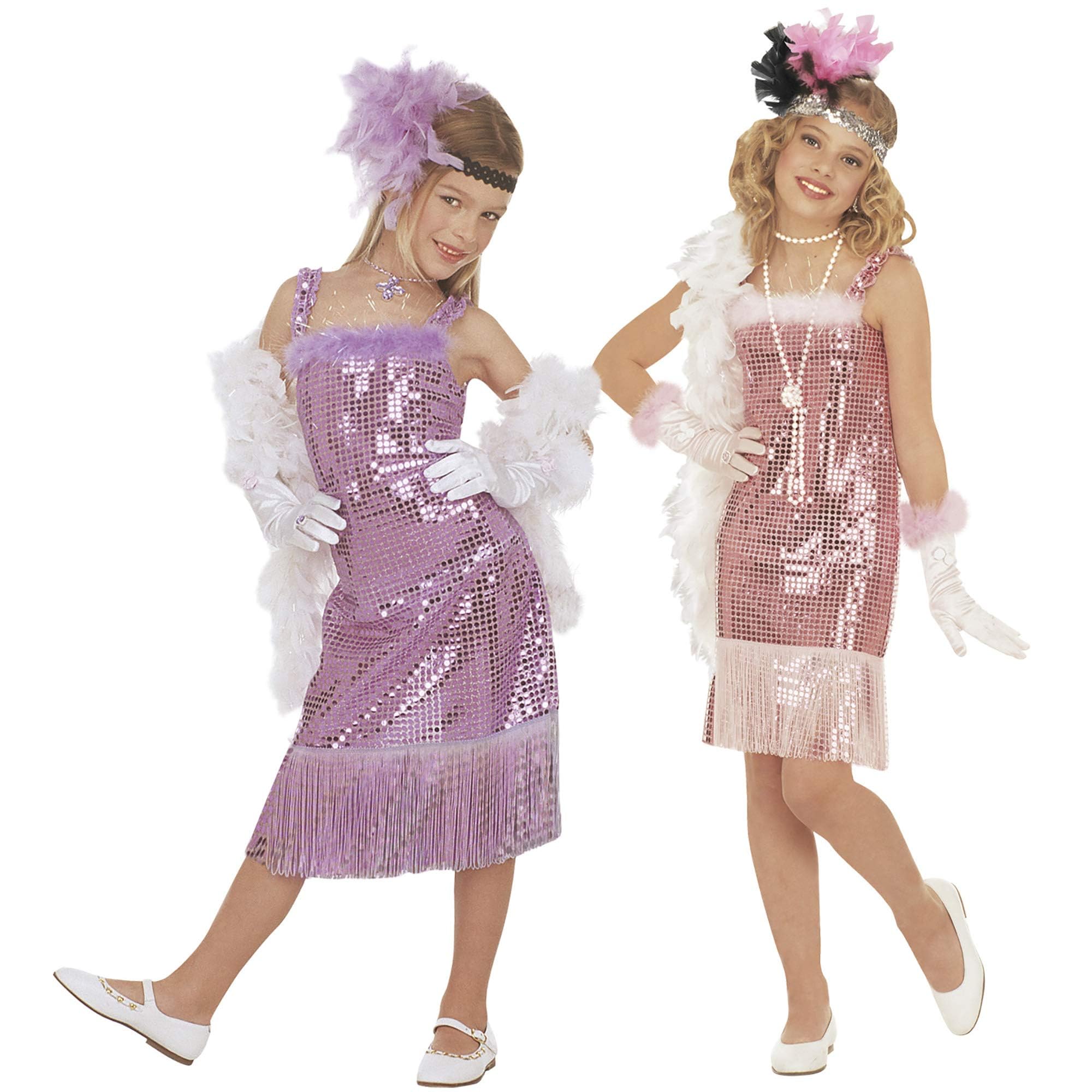 Widmann - Kinderkostüm Marilyn, Paillettenkleid mit Federn, sortiert in rosa und lila, Karneval, Mottoparty