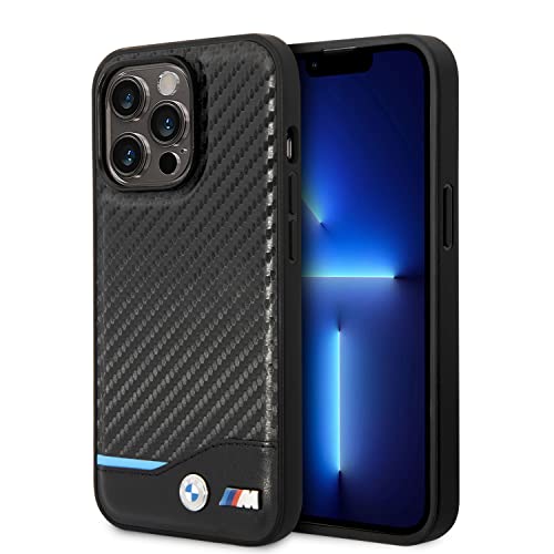 CG MOBILE BMW Handyhülle für iPhone 14 Pro Max in Schwarz mit horizontaler blauer Linie, PU-Kohlefaser-Schutzhülle und langlebige Hülle mit einfachem Snap-on, Stoßdämpfung und charakteristischem Logo