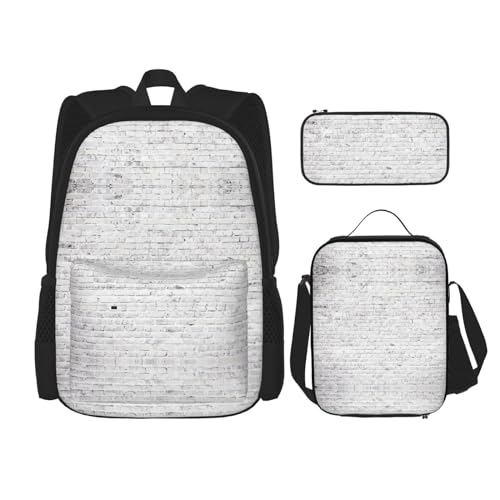 WURTON Brick Wall Print 3-in-1 Büchertaschen-Set, verstellbarer Schulter-Rucksack, Lunch-Tasche, Federmäppchen, Beutelbox, Schwarz, Einheitsgröße