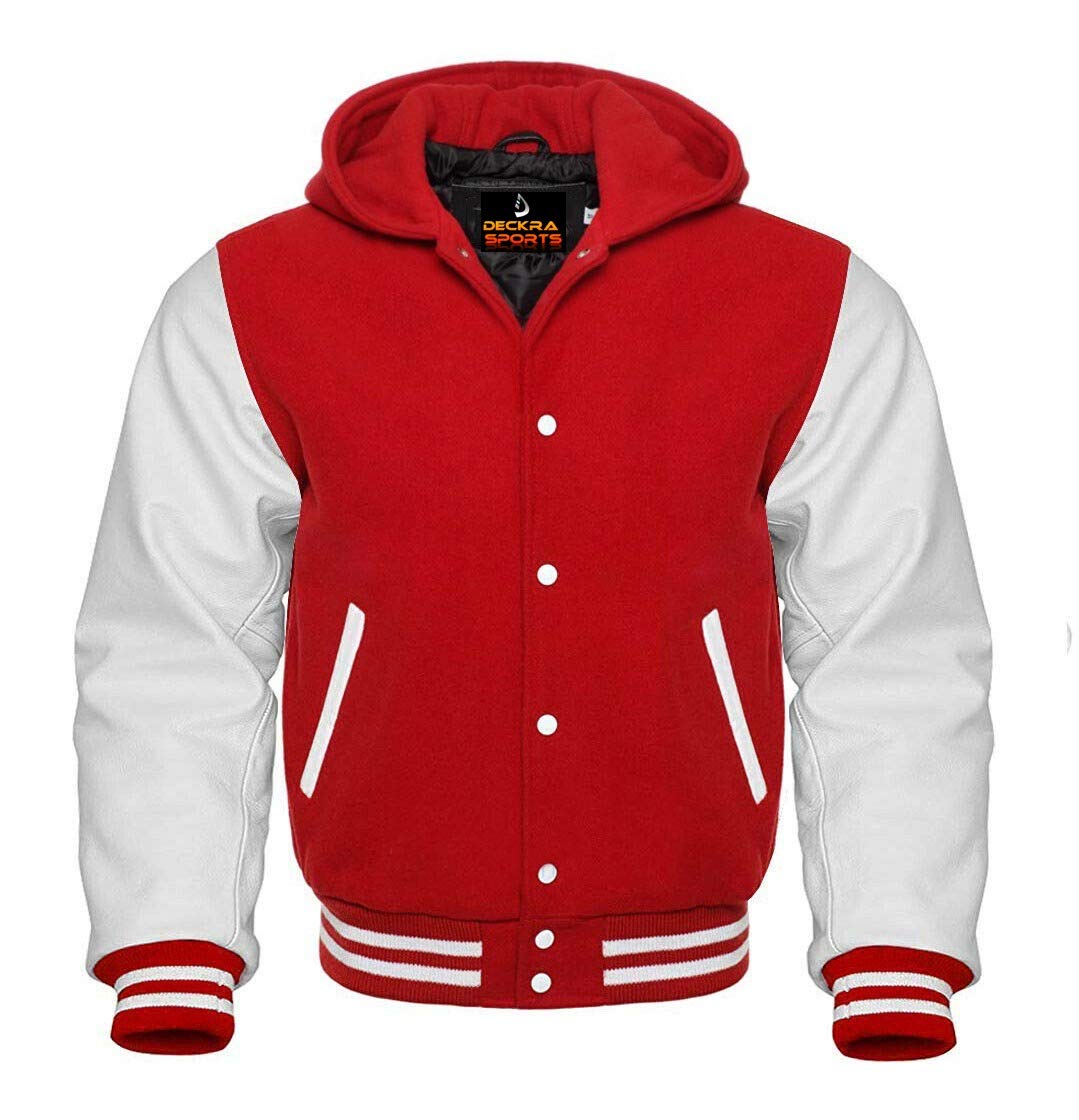 Herren Varsity Jacke Hoodie Rindsleder Arme und Wolle Letterman College Top Coat - Rot - Medium