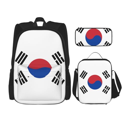 WURTON Flagge der Republik Korea Druck Reise Lunchbox Federmäppchen Rucksack Set 3 Stück Verstellbare Träger Leicht, Schwarz, Einheitsgröße, Schwarz, One Size