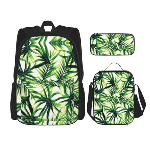 WURTON Rucksack-Set, Motiv: Palme, grüne Blätter, verstellbare Schultergurte, Rucksack, Lunch-Tasche, Federmäppchen, Kombinationstaschen-Set