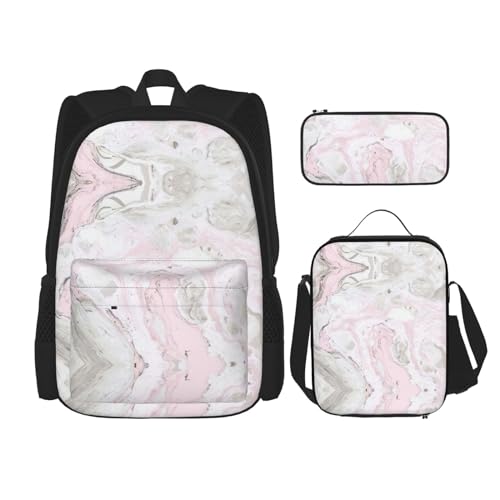 WURTON Rucksack, Lunchbox, Federmäppchen, 3-in-1, verstellbarer Rucksack, rosa abstrakte Tinte, Marmor, Grau, künstlerischer Druck, trendiger Rucksack, Tasche, Schwarz , Einheitsgröße