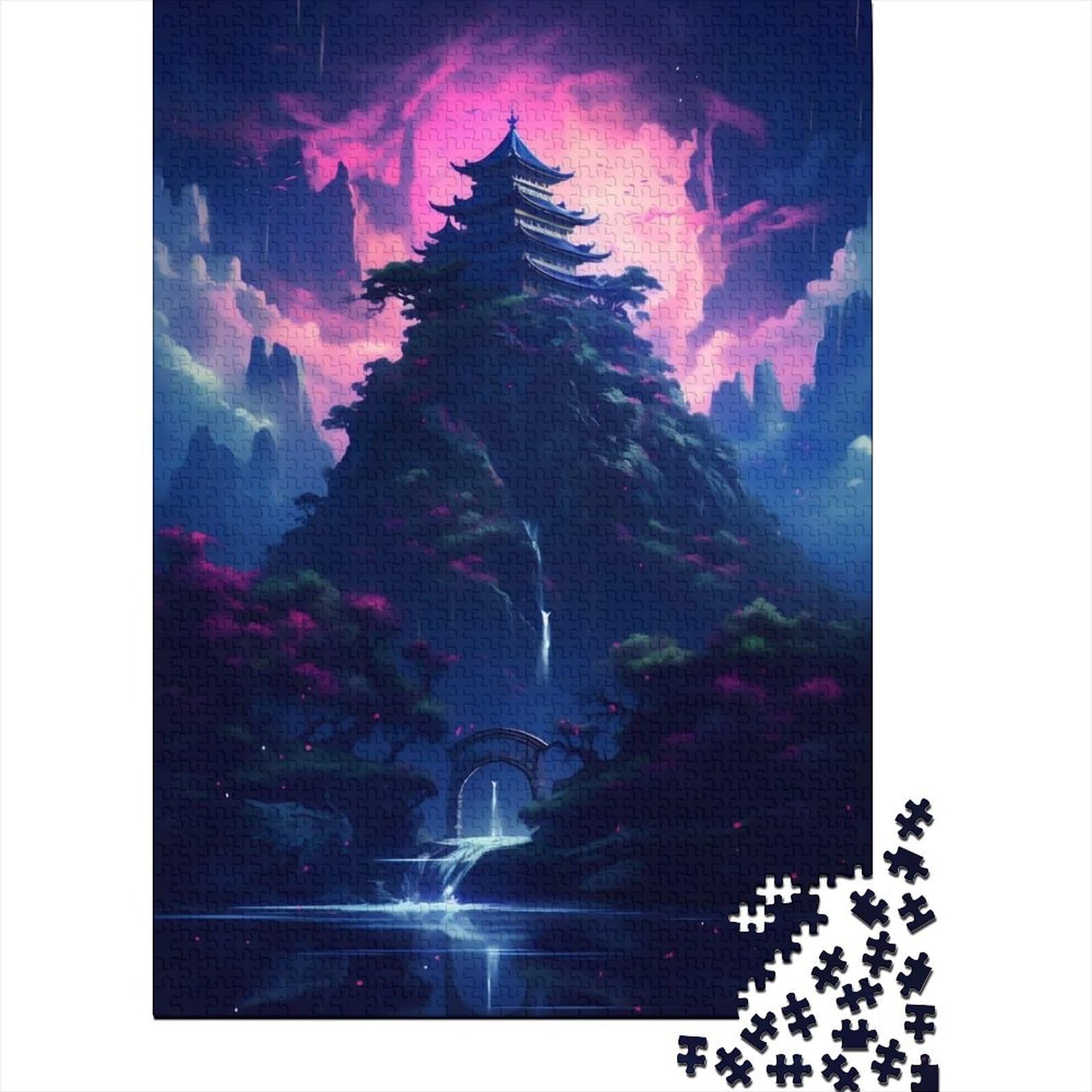 Puzzle für Erwachsene, Neon-Wasserfall-Berg, Premium-Holzbrett aus 100% recyceltem Holz, für Erwachsene, Teenager, Jungen und Mädchen, Geschenk (Größe 52 x 38 cm)