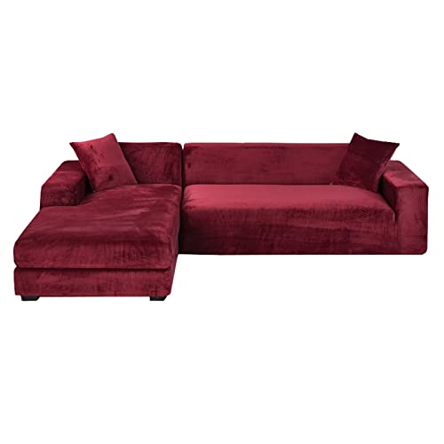 JHLD Samt Sofabezug L Form, 2 Stück Stretch Sofabezug L Form Anti-rutsch weiche Sofa Überwürfe Für Ecksofa -Weinrot-3-Sitzer + 4-Sitzer