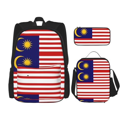 WURTON Schulrucksack-Set mit Malaysia-Flagge, 3-in-1, Büchertaschen-Set mit Lunchbox, Federmäppchen, Reise-Laptop-Tagesrucksäcke