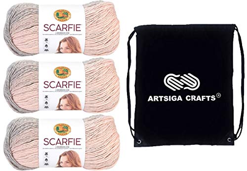 Lion Brand Yarn Strickgarn, Scarfie Pink/Silber, 3 Knäuel, Fabrikpackung (gleiche Farbstofflose) 826–225 Bündel mit 1 Artsiga Crafts Projekt-Tasche, 3-Pack, (MPN-826-225)