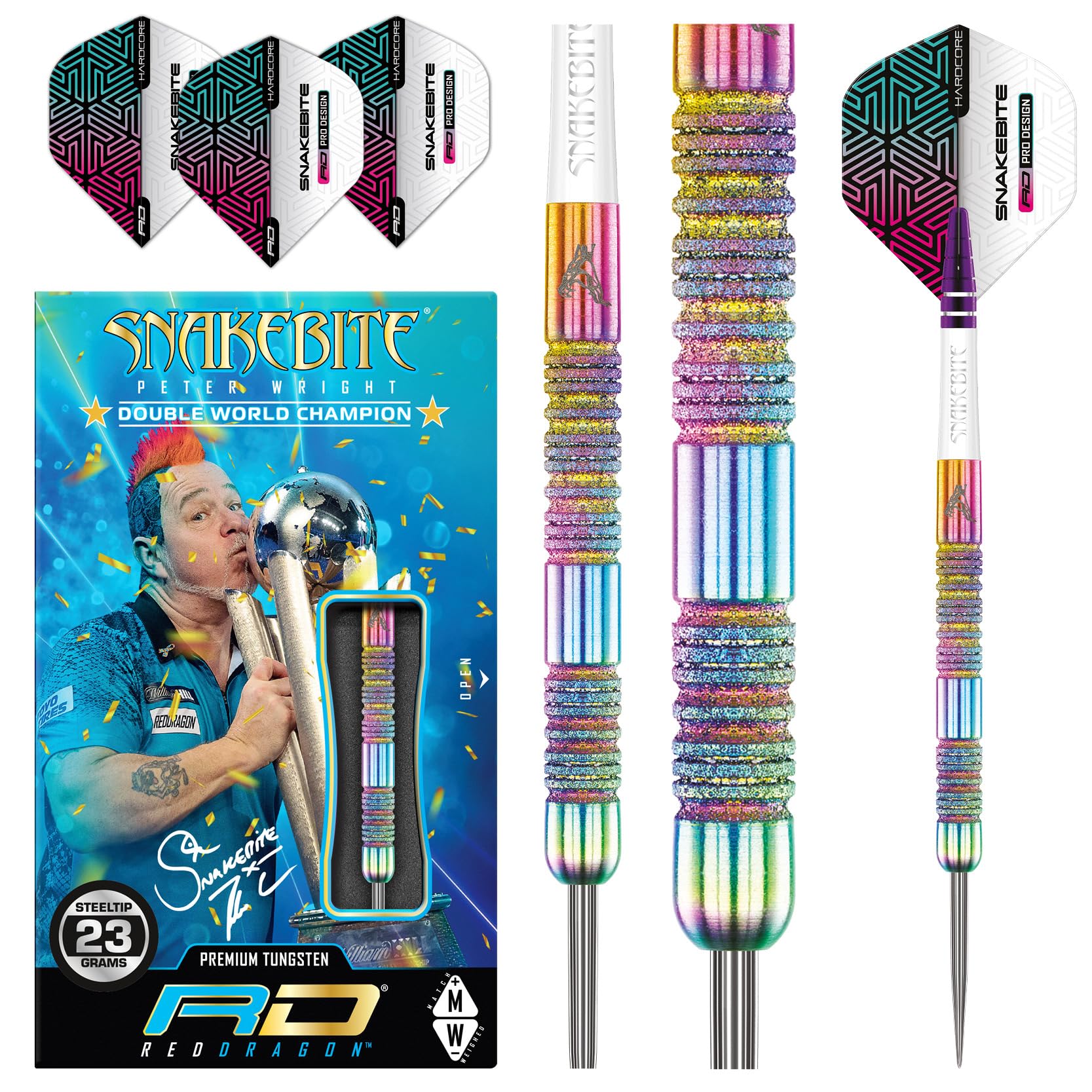 RED DRAGON Peter Snakebite Wright Diamond Fusion Spectron SE 23 Gramm Premium Wolfram Steeltip Dart Set mit Flüge und Schäften