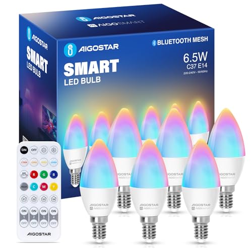 Aigostar Mesh - 6.5W C37 Alexa Glühbirne Bluetooth Mesh, Smarte Glühbirne Funktioniert mit Alexa, Smart Bulb E14 Kerze LED 555LM RGB & 2700K-6500K, 6 Stücke (mit Bluetooth-Fernbedienung)