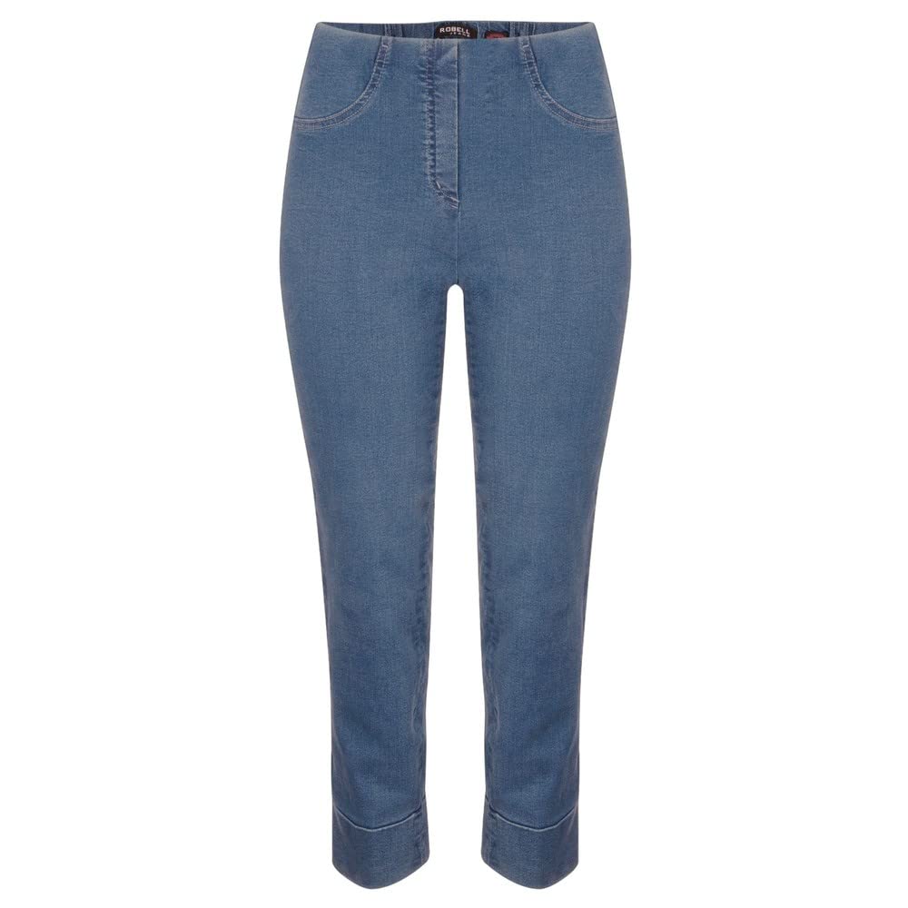 Robell Style BELLA09 – Bequeme, Denim Power Stretch 7/8 Jeans, Gerade geschnittenes Bein mit Aufschlag und Gesässtaschen Farbe Light Denim Blue Größe 40