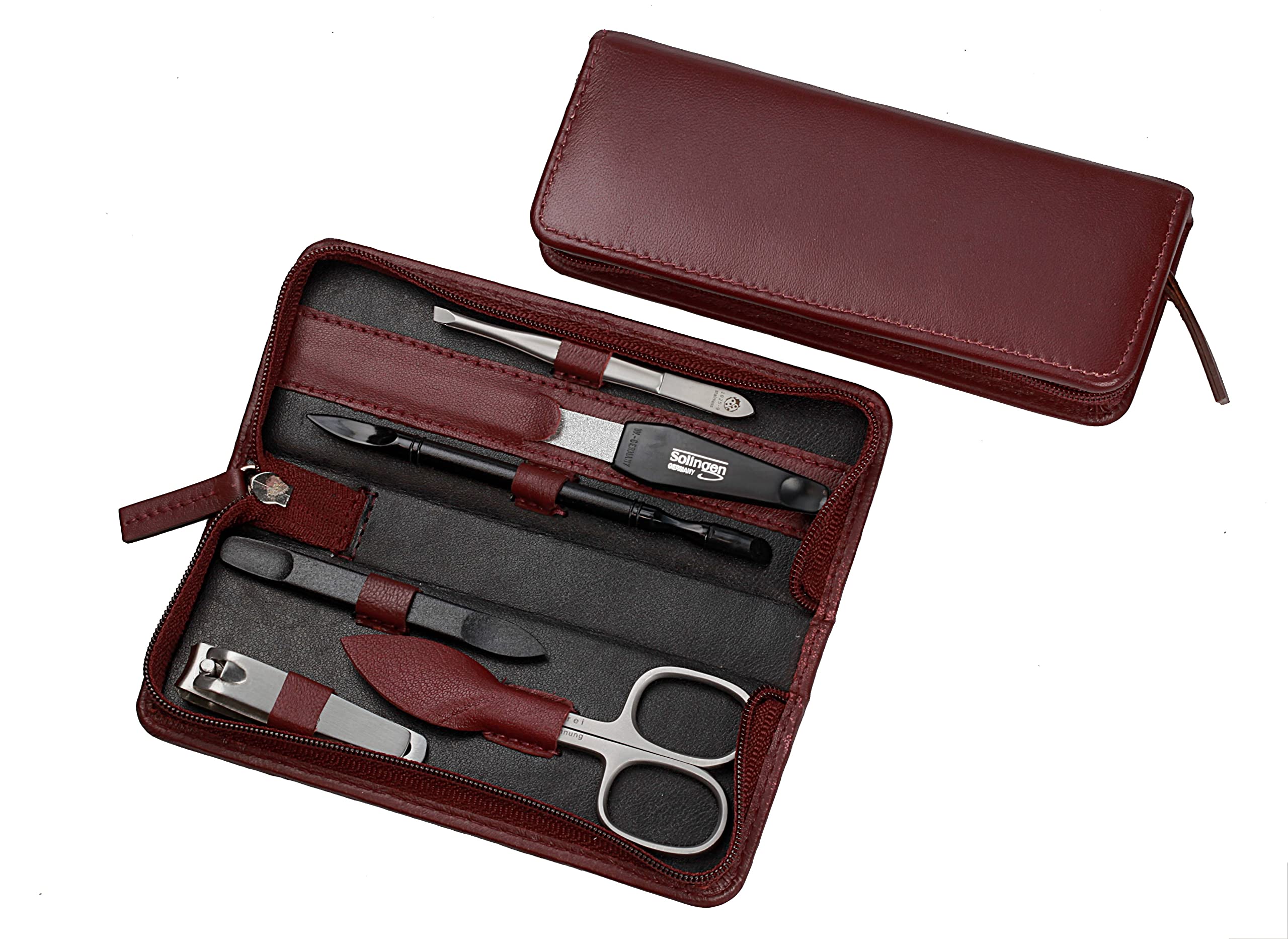 Sonnenschein by Hans Kniebes - Manicure Etui mit Reißverschluss 6-teilig - Nagelschere, Knipser, Pinzette, Feile, Hufstab, Doppelinstrument – Echtes Nappa-Lammleder bordeaux