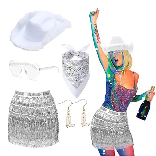 80er Jahre Damen Kostüm Set Lady Accessoires Bandana Ohrring Sonnenbrille Western Cowgirl Hut Erwachsene Rockstars Cooles Outfit