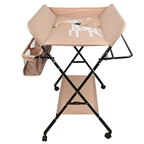 Wickeltisch Klapptisch Wickeltisch Wickeltisch mit Aufbewahrungskorb Sicherheitsgurt und 4 Rollen mit Bremse höhenverstellbar 74x63x92-98cm (Apricot)