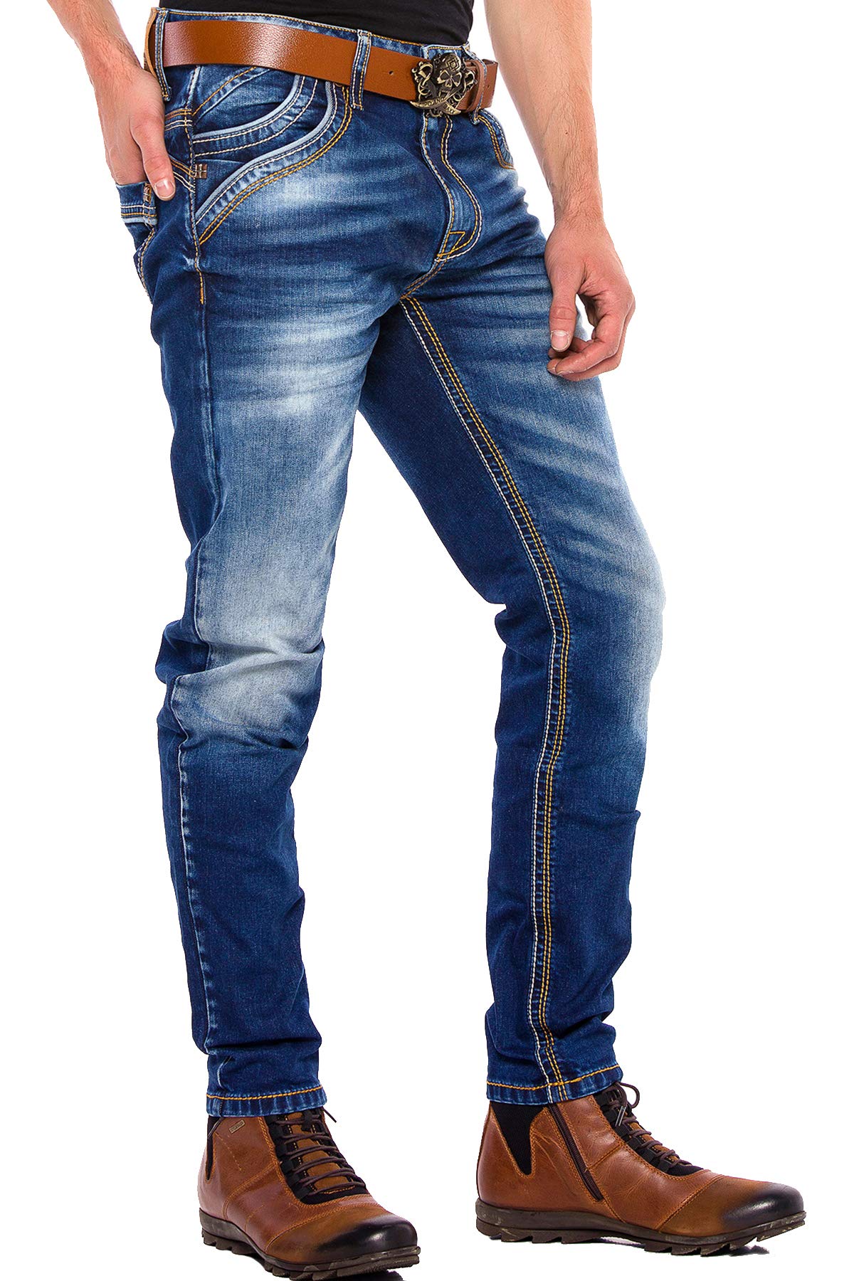 Cipo & Baxx Herren Jeans Hose Regular Slim Fit Denim Jeanshose Dicke Naht Blau W28 L32