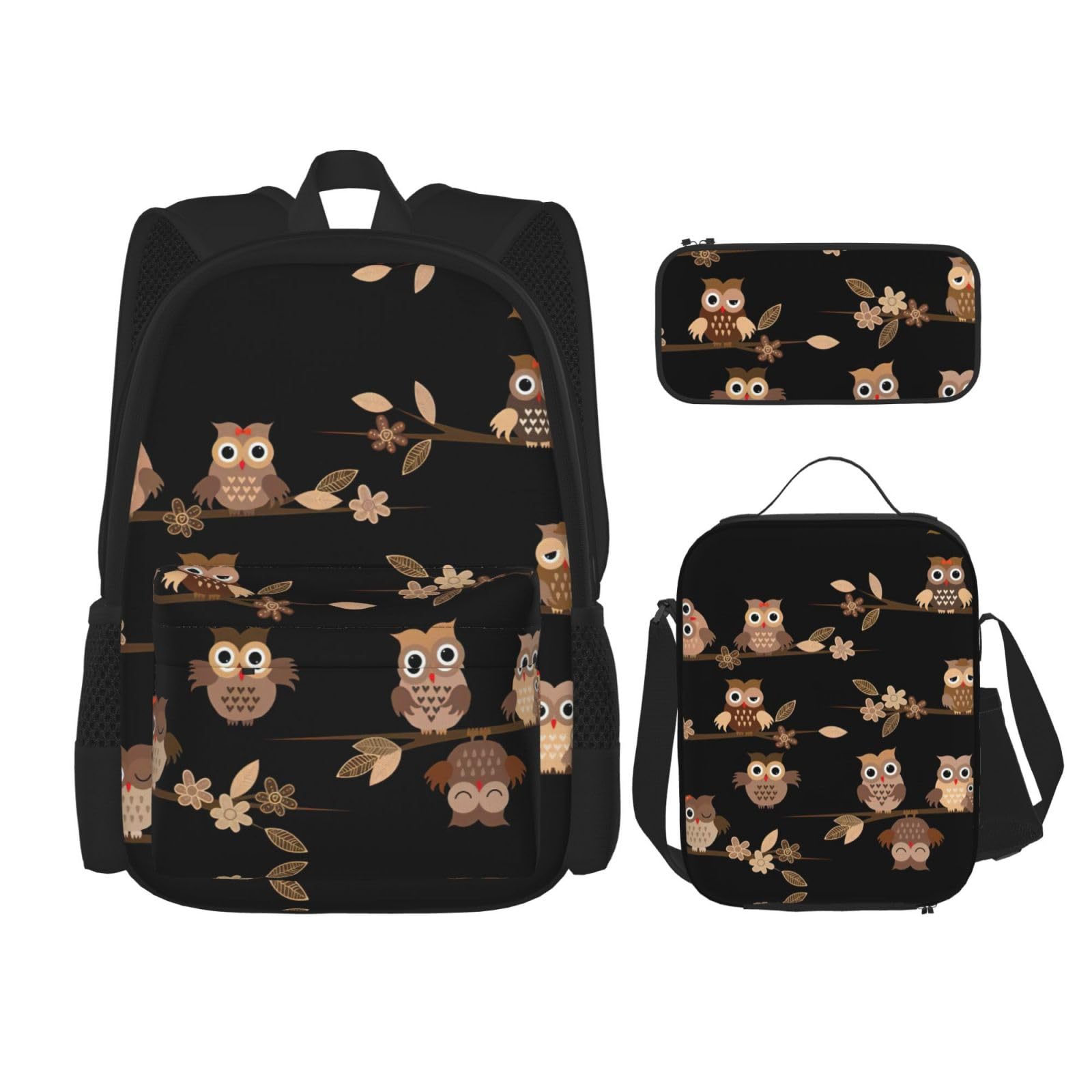 WURTON Niedliches braunes Cartoon-Eulen-Druck, verstellbare Schultergurte, Rucksack-Set, Lunch-Tasche, Federmäppchen, Kombinationstaschen-Set