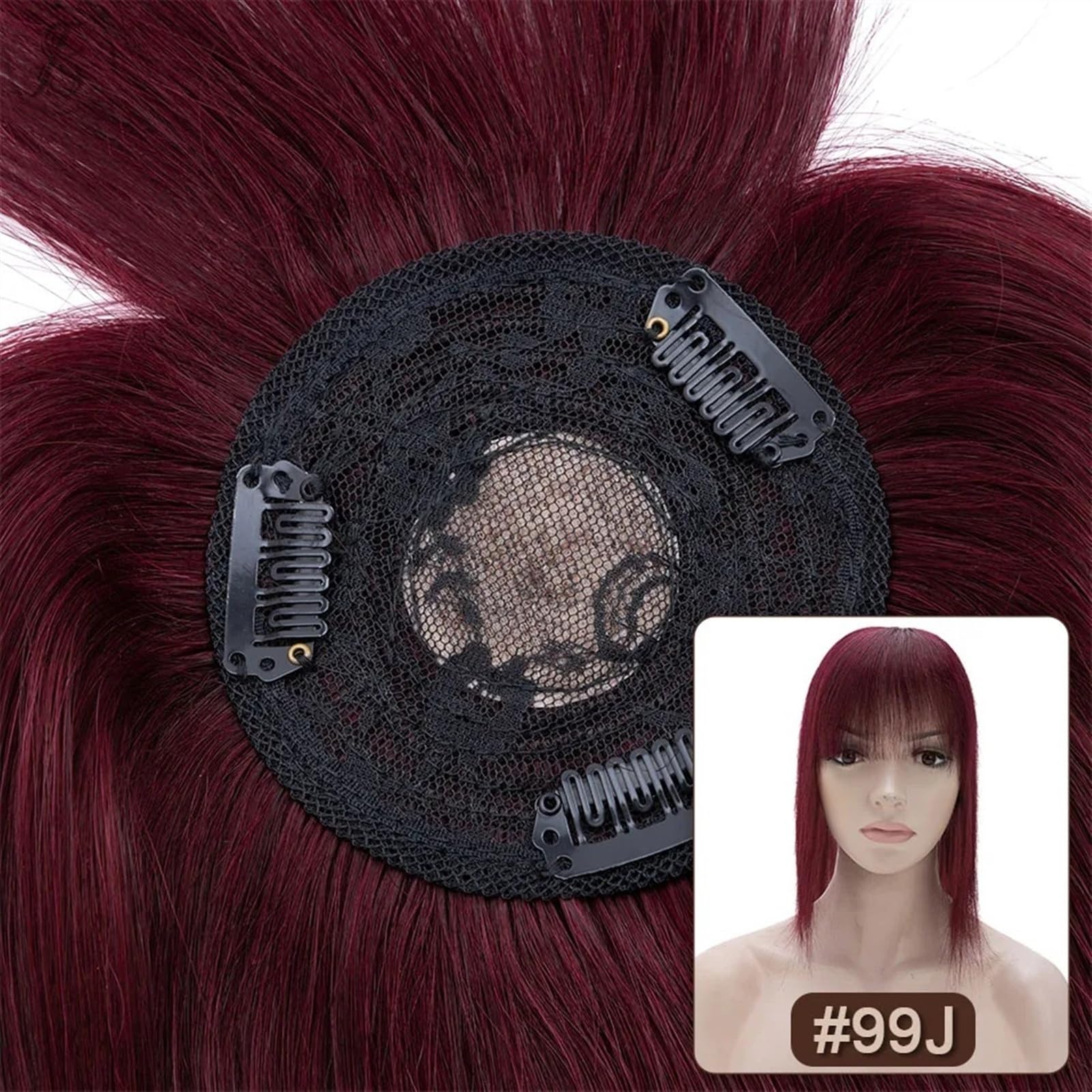 Haartopper für Frauen Haaraufsätze for Frauen mit dünner werdendem Haar, glatter Echthaaraufsatz mit Pony, 8,5 x 8,5 cm, weiche, atmungsaktive indische Haarteile mit 3 Clips Haarteil Topper Toupet Fra