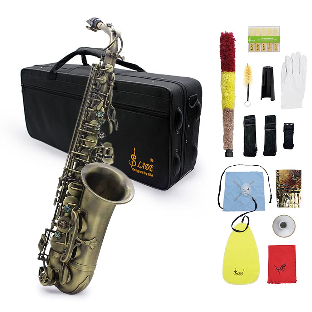 Btuty Eb E-Flat-Saxophon, hochwertiges Antik-Finish, gebogen, Altsaxophon, Abalone-Muschel, Schlüssel, Schnitzmuster, mit Etui, Handschuhen, Reinigungstuch, Gurte, Bürste