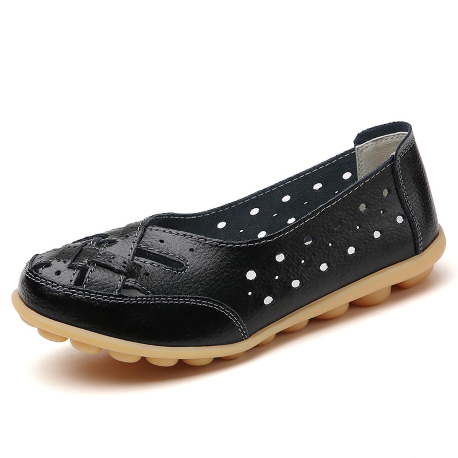 WINDEHAO Orthopädische Loafer aus atmungsaktivem Leder, Damen-Slipper aus Rindsleder, flache Sandalen, leger, runder Zehenbereich, Mokassins, flache Schuhe (Schwarz, 40)