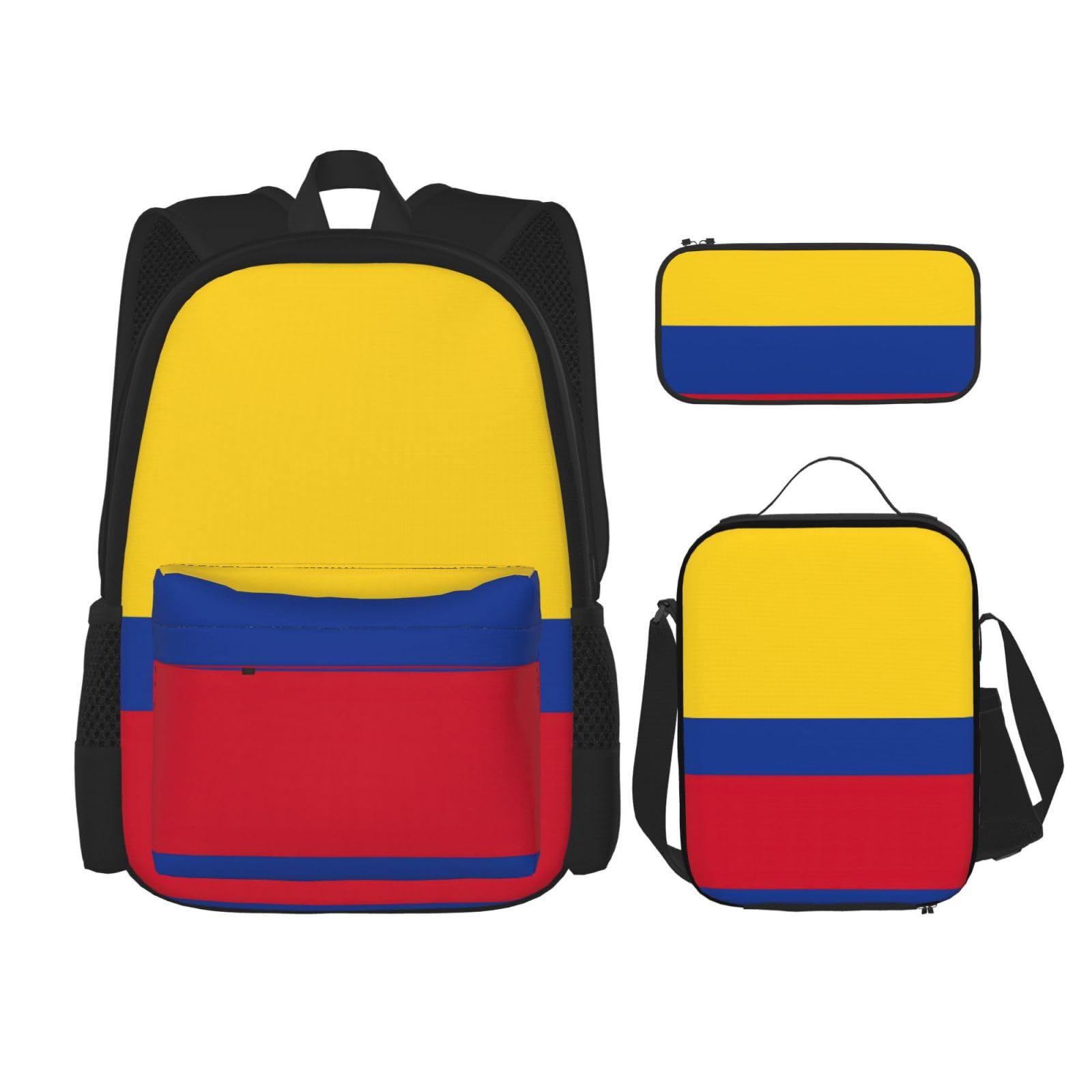 WURTON Rucksack, Motiv: Flagge von Kolumbien, Schulbüchertasche mit Lunchtasche, Federmäppchen, Kombination, Schulranzen-Set