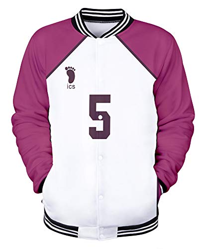 QYIFIRST Unisex Pullover Baseballuniform Cartoon Mantel Shiratorizawa Academy Satori Tendou No.5 Freizeit Printed Baseballjacke Trenchcoat Lila/Weiß 4XL (Chest 134cm)