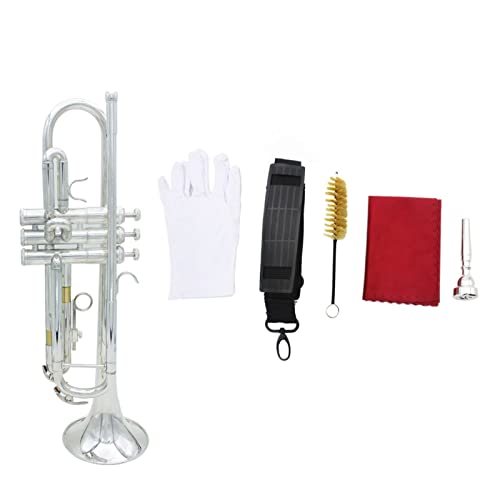 ZENGXUE Trompete BB B Flache Messing Instrument Trompete Exquisite Mit Mundstück Reinigungsbürste Tuchhandschuhe Gurt Standard-Trompetenset (Color : Silver)