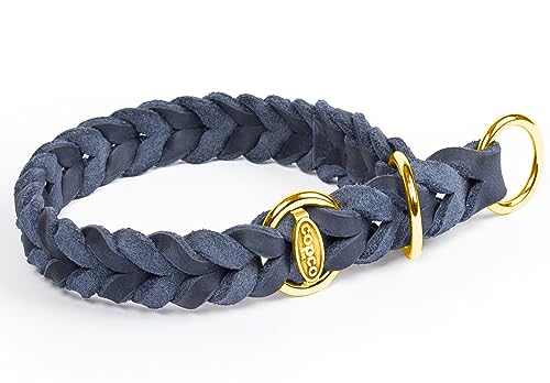 CopcoPet - Fettleder Hundehalsband Würger geflochten mit Messing Zugstopp-Ring, Marineblau 55-60 cm x 25 mm Hunde Halsband