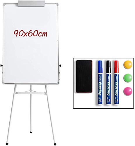 DOEWORKS 90cm x 60cm Whiteboard mit Dreibein Ständer, magnetisch trocken abwischbares Board/Flipchart Staffelei Whiteboard, höhenverstellbares Standboard