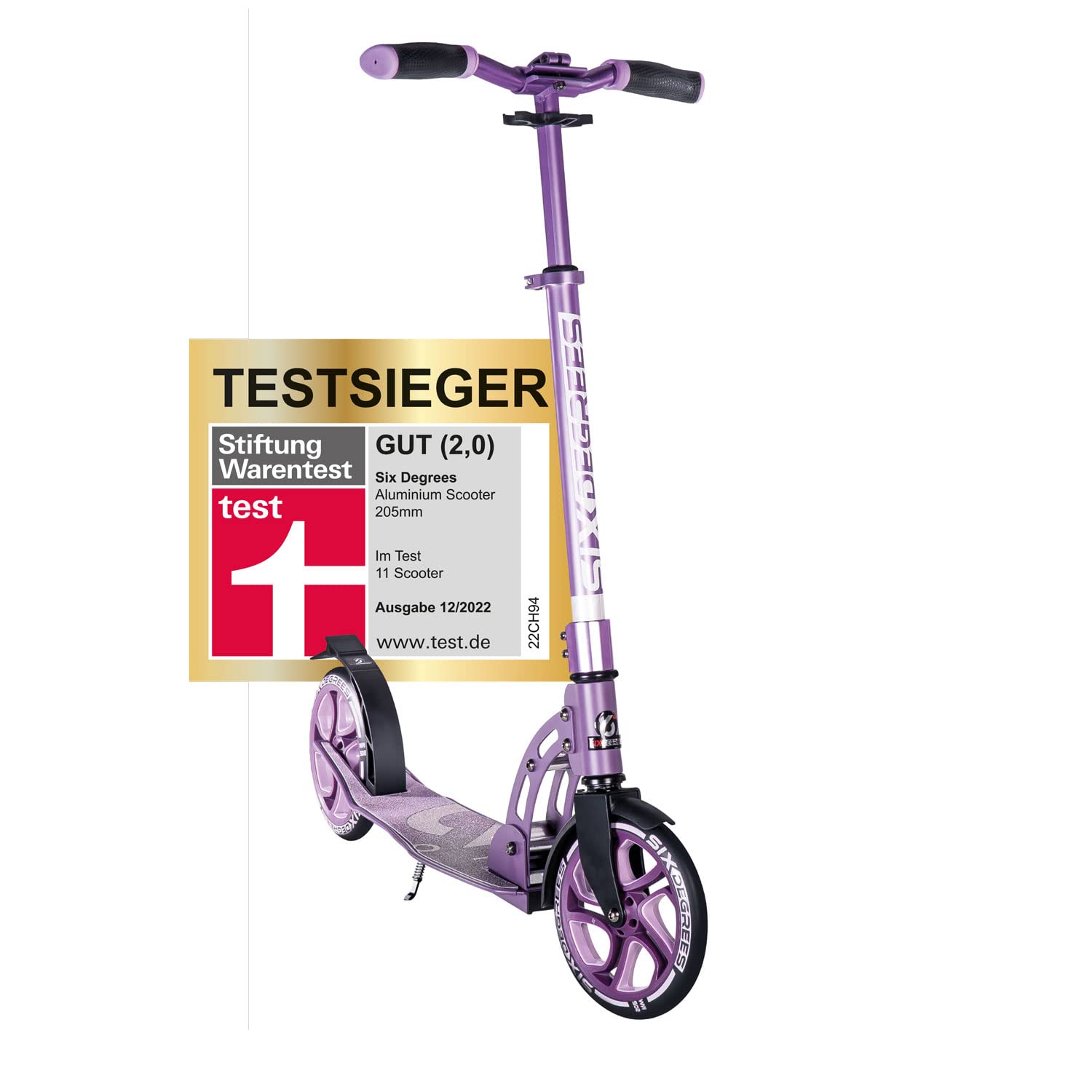 SIX DEGREES Aluminium Scooter mit Klappmechanismus u. Ständer, 205 mm, höhenverstellbar, GS-geprüft, lila, TESTSIEGER