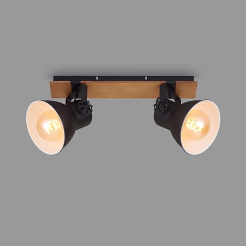 Briloner Leuchten – Deckenlampe retro mit Holzbalken, 2-flammige Deckenleuchte vintage, E27 Fassung max. 40 Watt, verstellbare Lampenschirme, rustikaler Deckenspot, Schwarz-Weiß-Holz