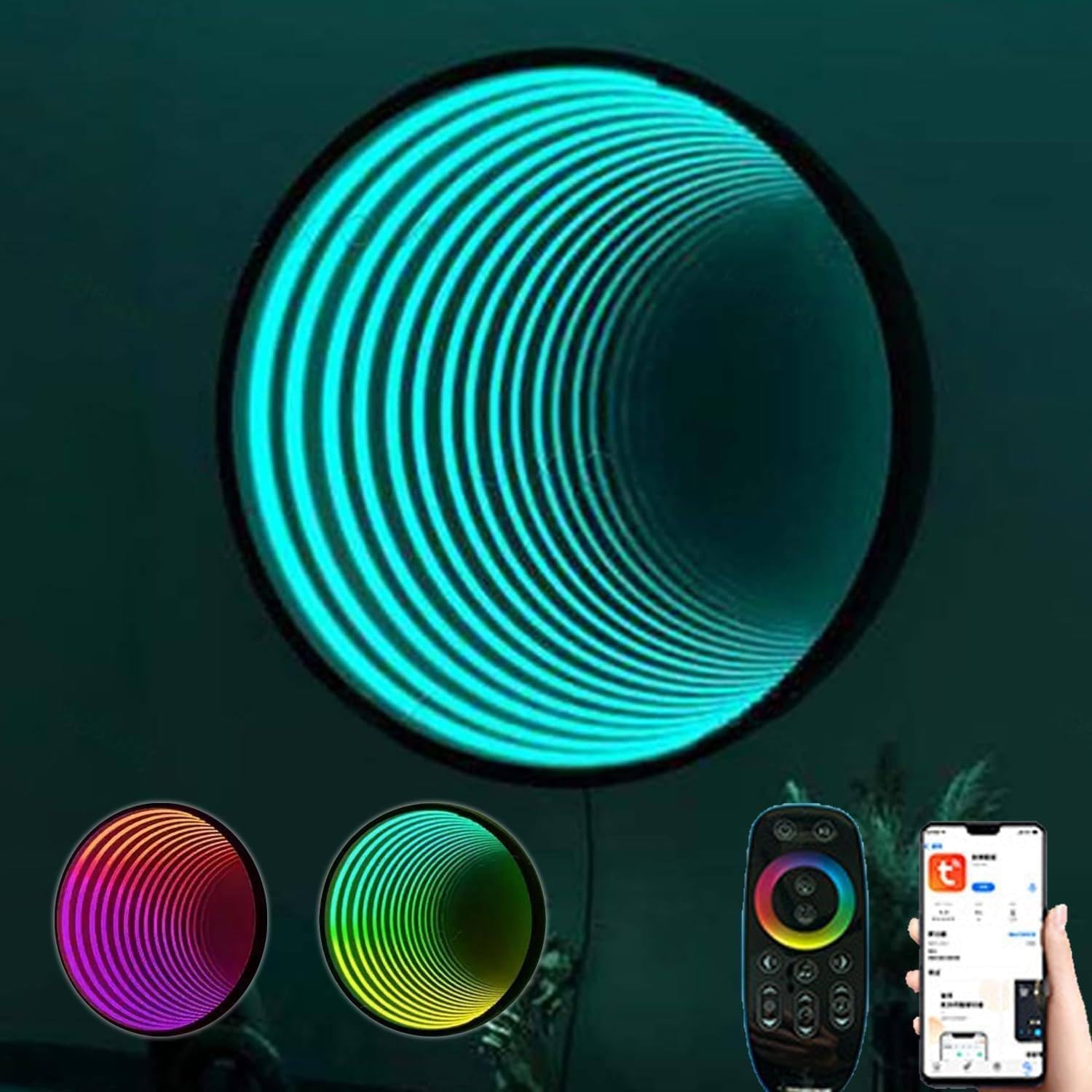 Qiang Infinity-Spiegel sensorisches Tunnel-Nachtlicht LED-Infinity-Spiegel-Wandlampe,Geometrischer RGB-Farbwechsel Wanddekoration,Magische 3D-Tunnelbeleuchtung,Circle-50cm