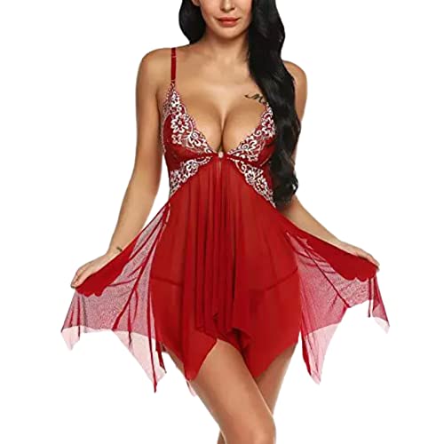 Dessous Sexy Reizwäsche Set Durchsichtiger Mesh Schlauchkleid Pyjama Aus Spitze Rot S